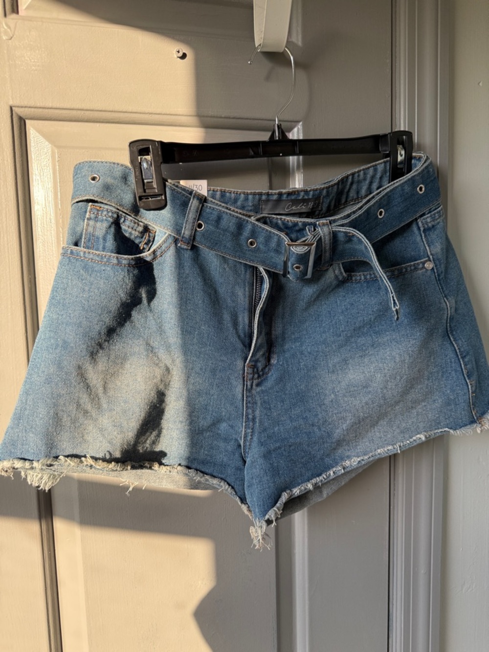 Casual Light Blue Denim High-Rise Frayed Hem Shorts with Belt - Picture 1 of 5